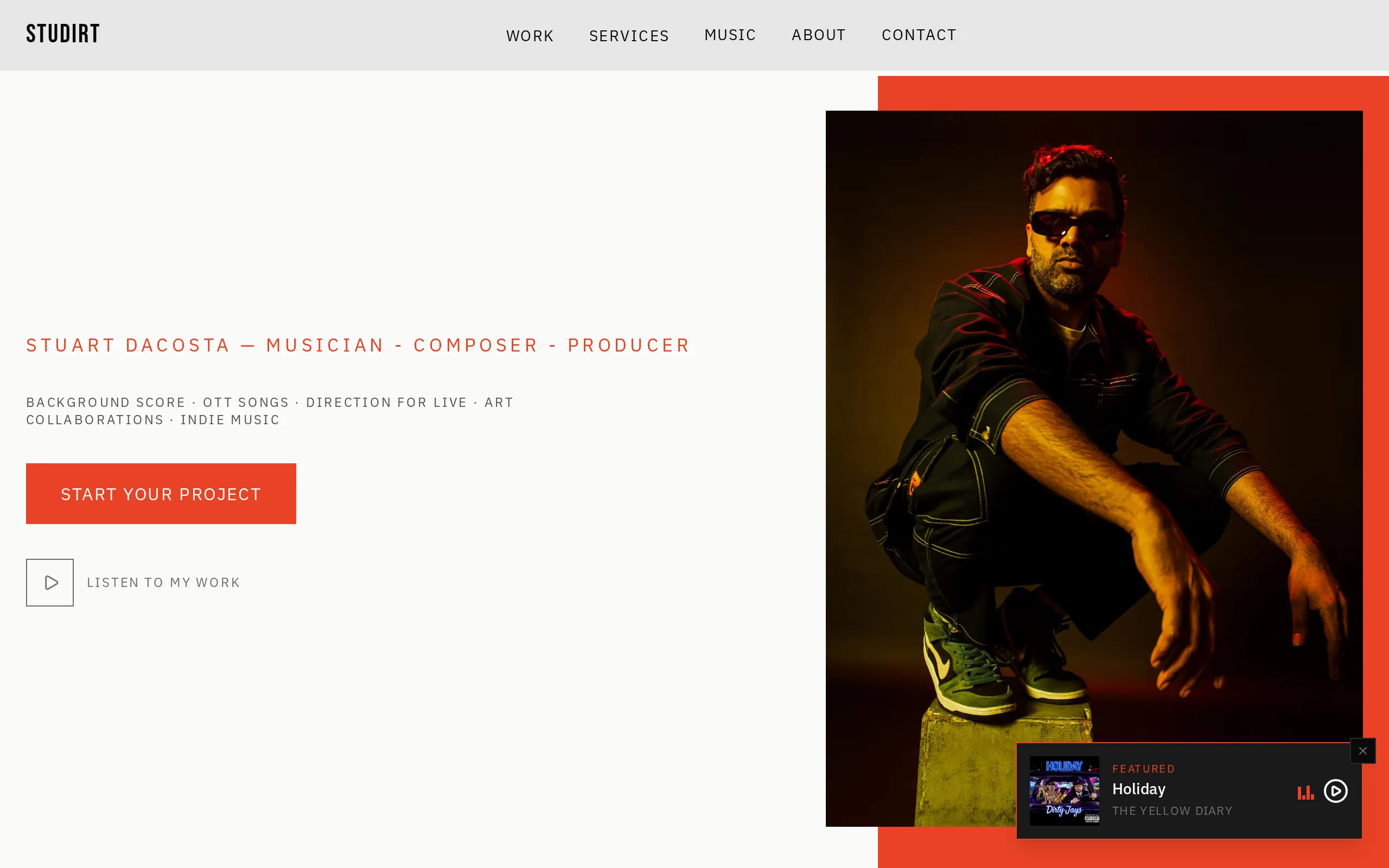 STUDIRT storefront homepage — Stuart DaCosta's site with the persistent audio player docked at the bottom right